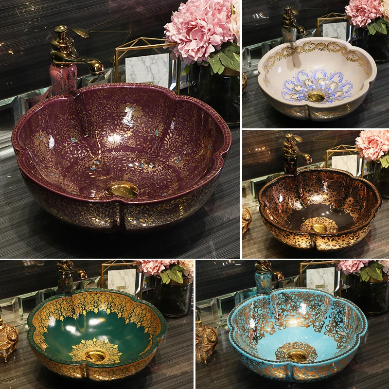 

Lotus Painting Hand Painting Art Porcelain Counter top Handmade Bathroom Vessel Sinks Vanities professional ceramic wash basin