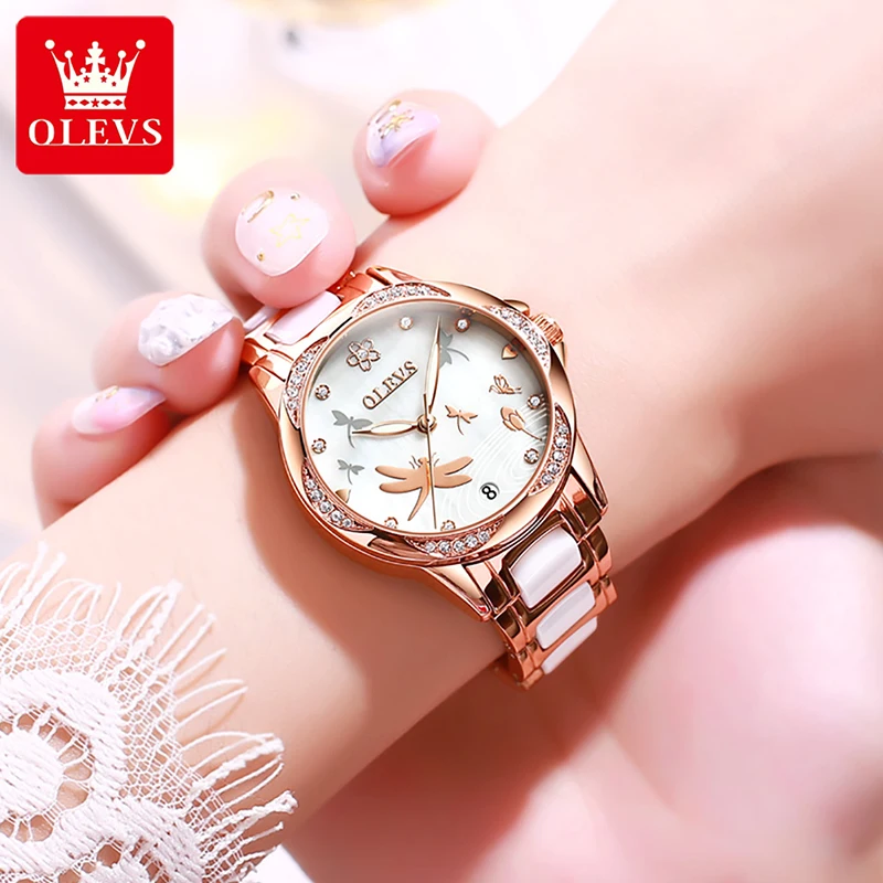 OLEVS Women Mechanical Watches 2022 New Fashion Trend Womens Clock Waterproof Rose Gold Case Luminous Hands Ceramic Strap 6610