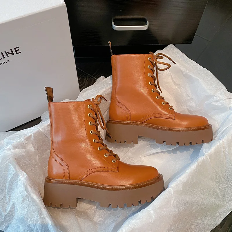 High Quality Platform Martens Boots Women Shoes Black Leather Ankle Boots Punk Shoes Thick Bottom Motorcycle Boots De Mujer