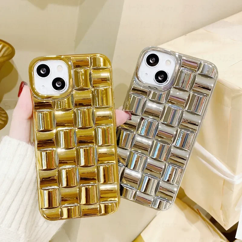 

Electroplating Gold Silver 3D Square Non-slip Phone Case For iPhone 13 12 Pro Max 11 Mini XS XR 7 8 6 Plus Glossy Plating