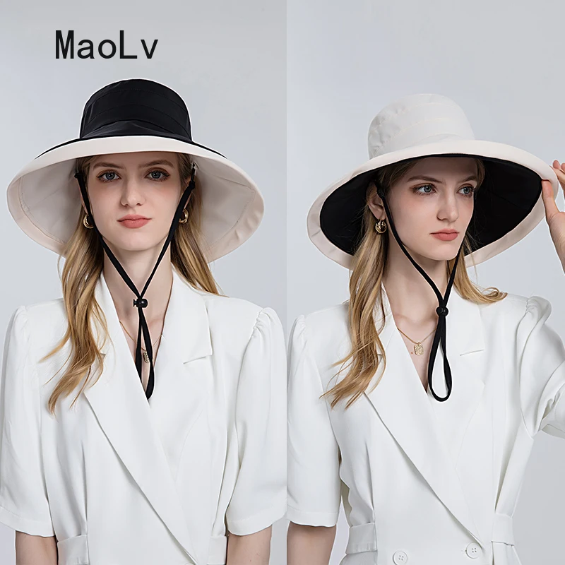 Cool Wide Brim Double-sided Fisherman Hat Elegant Lady Panama Summer Beach Outdoor Anti UV Bucket Hat Sunscreen Caps for Women