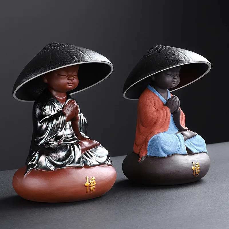 

Kawaii Teaware Little Monk Tea Pets with Bamboo Hat Strainer Filter Accessories Kung Fu Ceramic Figurines Teapet Zen Ceremony