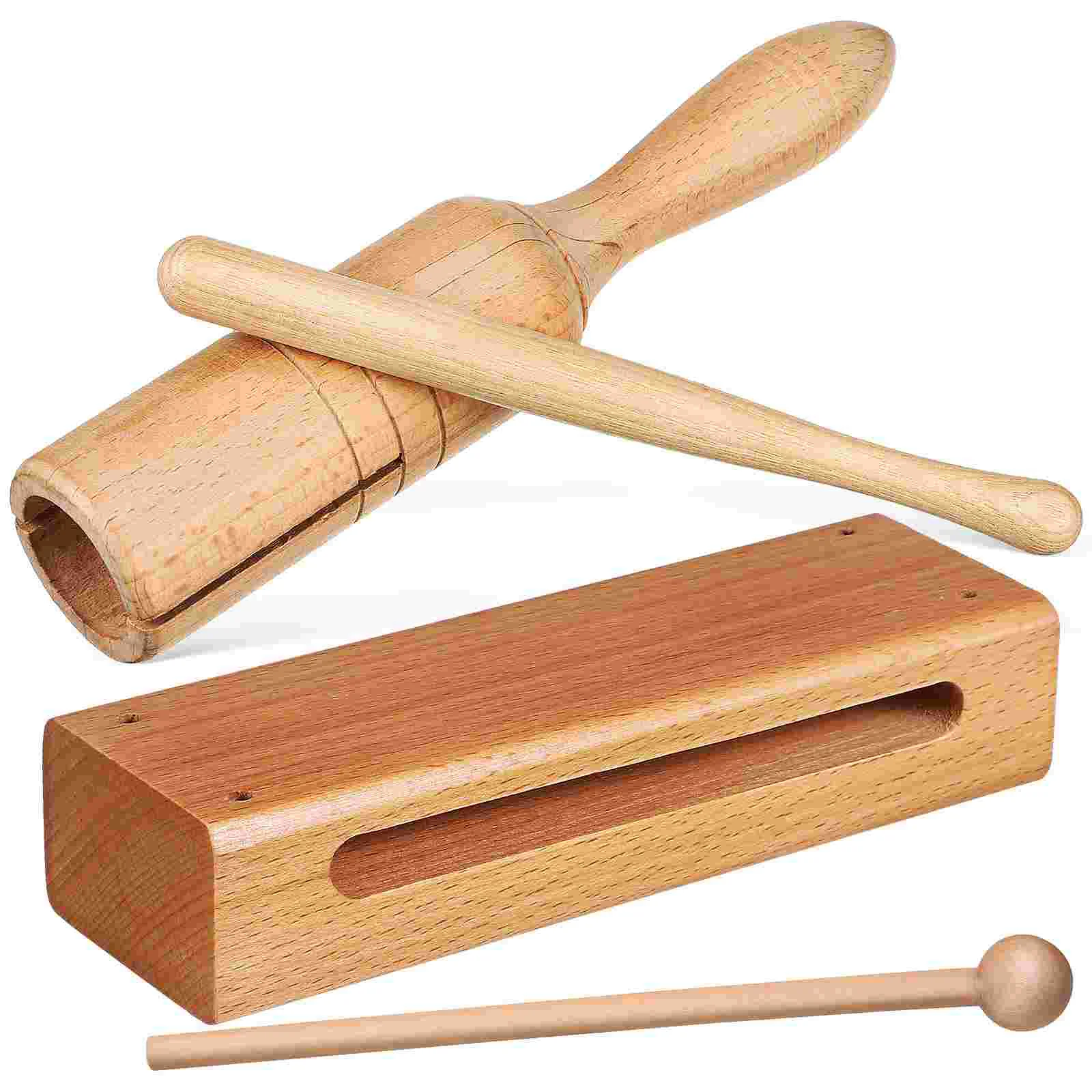 2 Sets Practical Wood Blocks with Wooden Mallets Wood Blocks with Wooden Beaters Wooden Instruments Wood Percussion Instruments