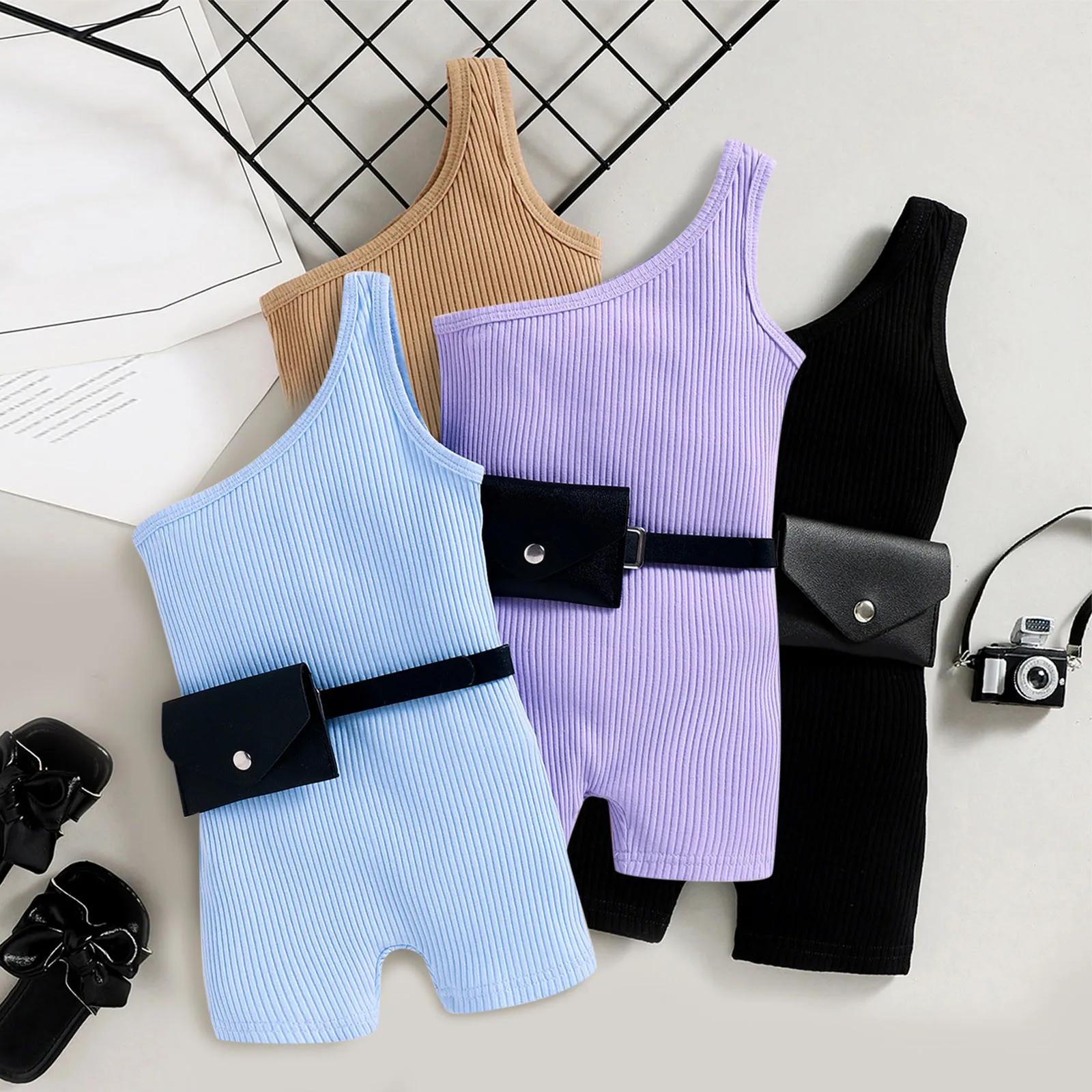 

1-5Y Fashion Summer Children Girls Jumpsuits Kids Solid Ribbed Knitted One Shoulder Rompers Jumpsuits with Bag Casual Clothes