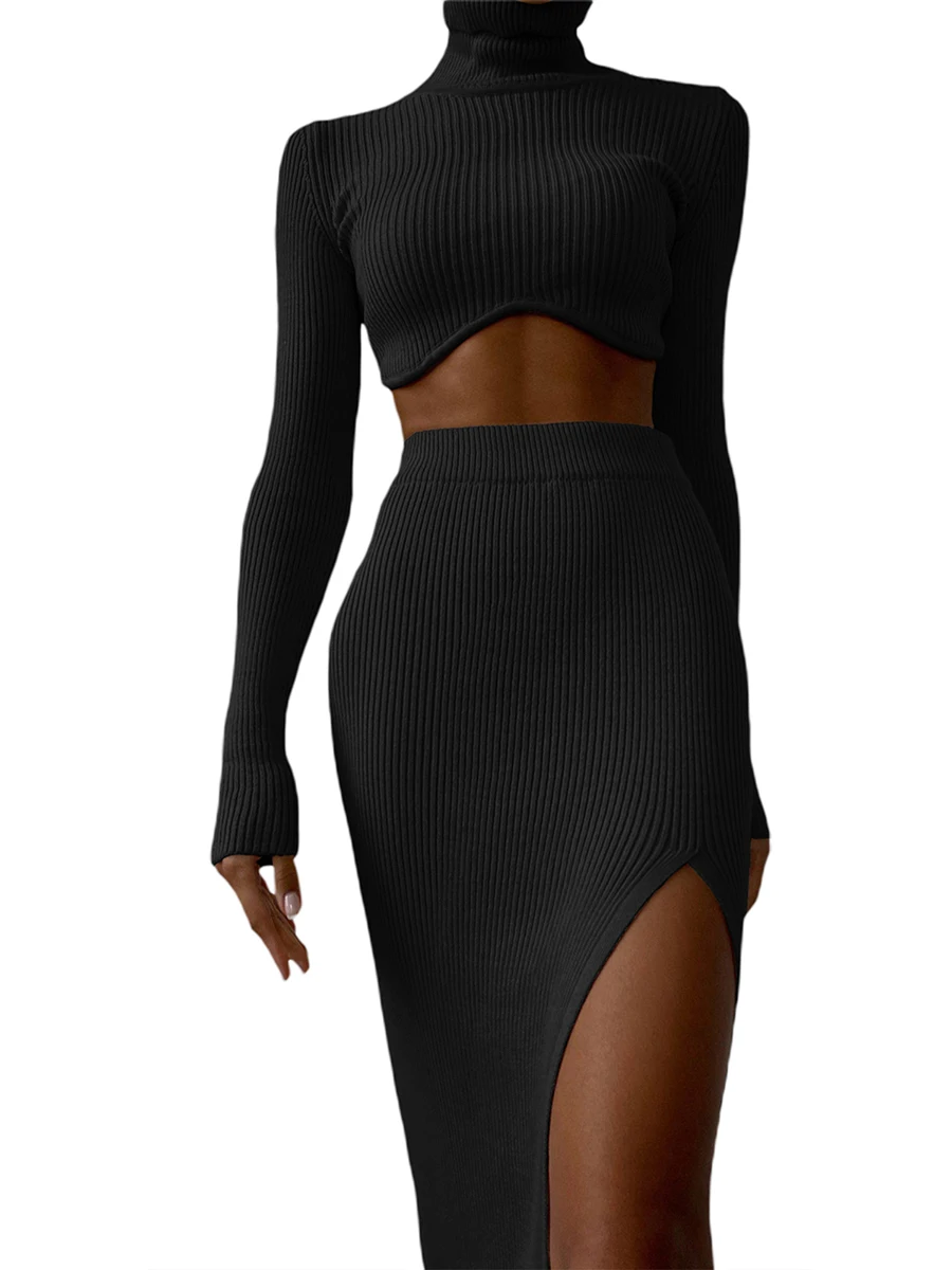 

Elegant 2-Piece Women s Ribbed Turtleneck Long Sleeve Top and High Waist Slit Skirt Set for Chic Autumn Outfits