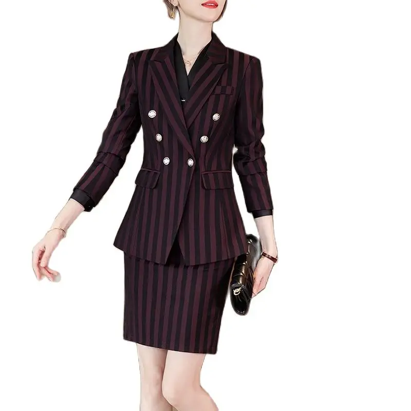 Lenshin Wholesale 2 Piece Set High Quality Striped Skirt Suit Double Breasted Blazer Office Lady Formal  Women Business Wear