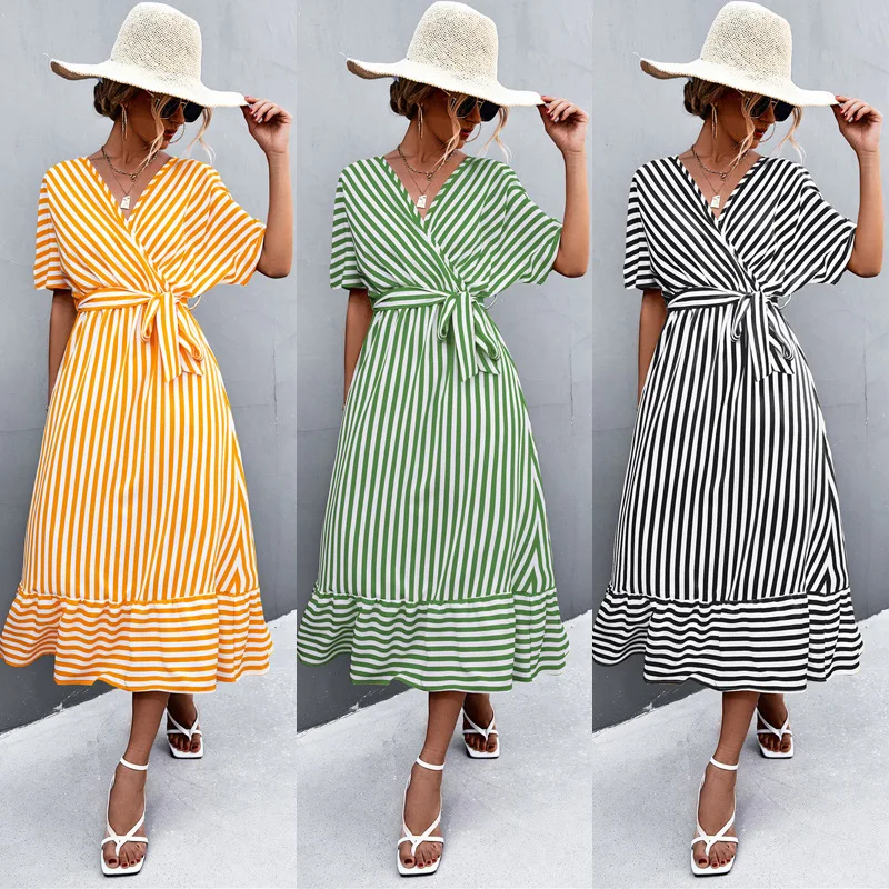 

African Street Classic Print Explosion Cross V Neck Strap Stripe Dress