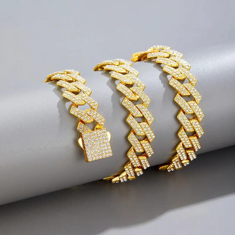 

14MM Luxury Crystal Miami Iced Out Cuban Link Chain Men Bracelet For Women Full Rhinestones Kpop Charms Hip Hop Jewelry Gift