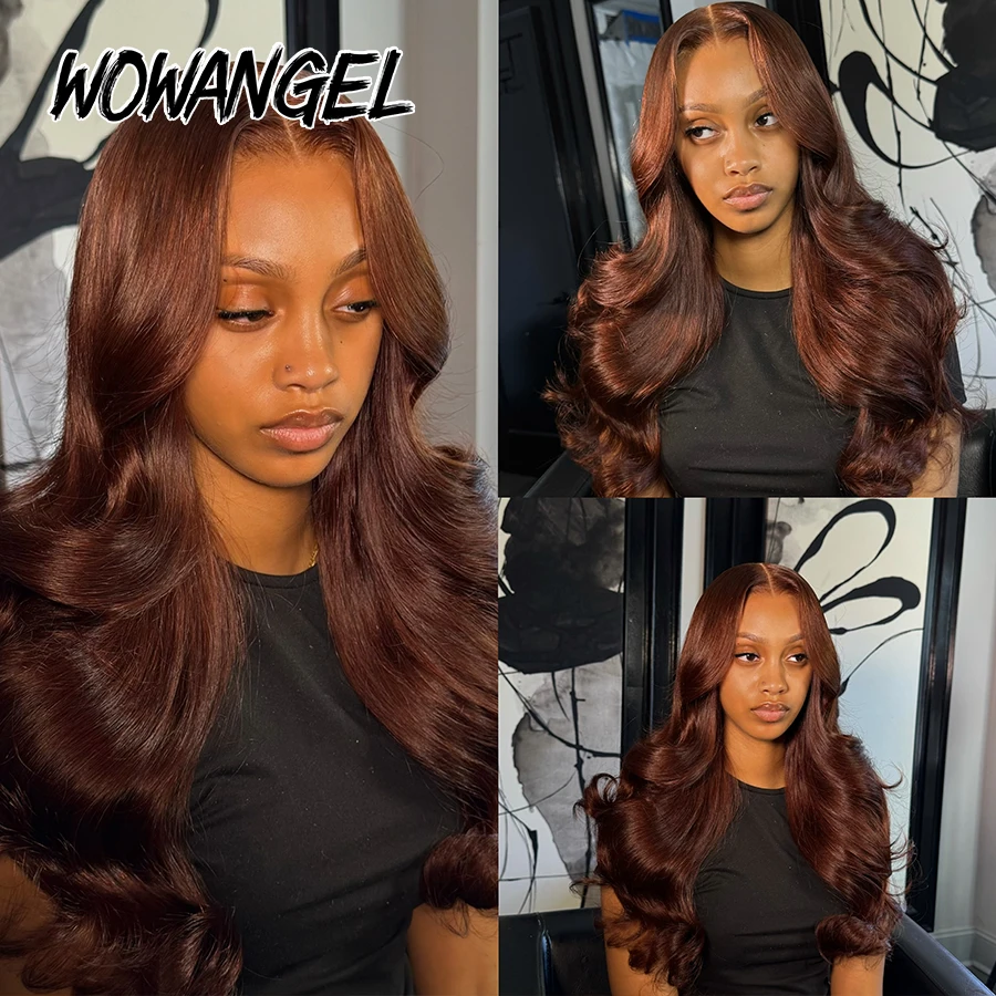 Фото WOWANGEL Коричневый парик из натуральных волос с эффектом Body Wave, 13x6 HD, с кружевной передней частью, предварительно снятая линия роста волос, осветленные узлы, невидимое кружево, цветной парик №2