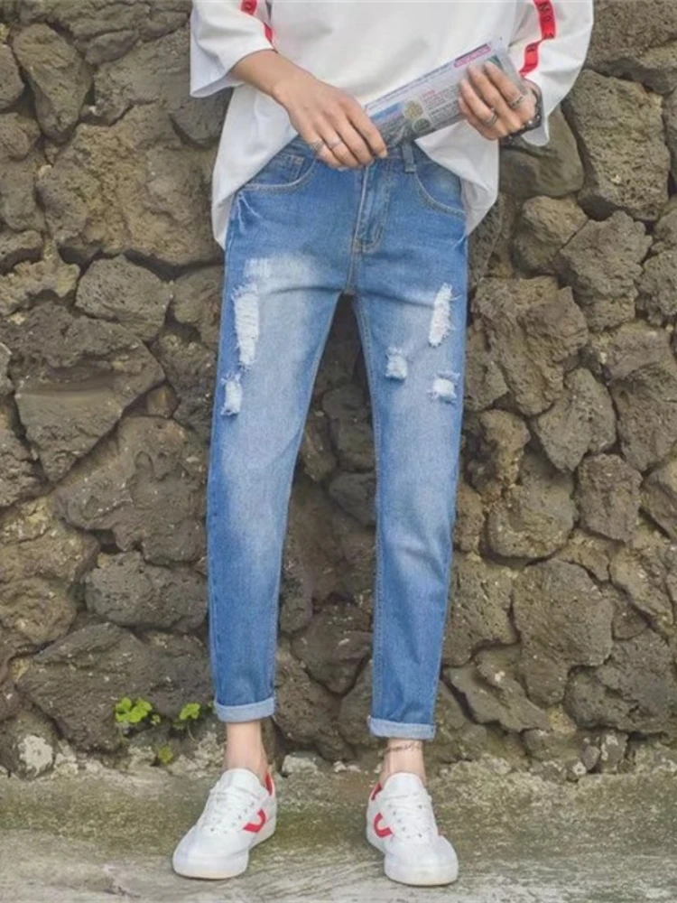 Slim Fit Small Straight Jeans Tide Spring and Summer Korean Version 9 Points Pants Elastic Tight Hole Trousers Clothing Men