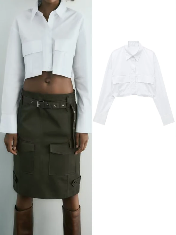 

TRAF Autumn Women Gabardine Fabric Cropped Shirt 2023 New High Street Female Solid Lapel Long Sleeve Pocket Decoration Blouse
