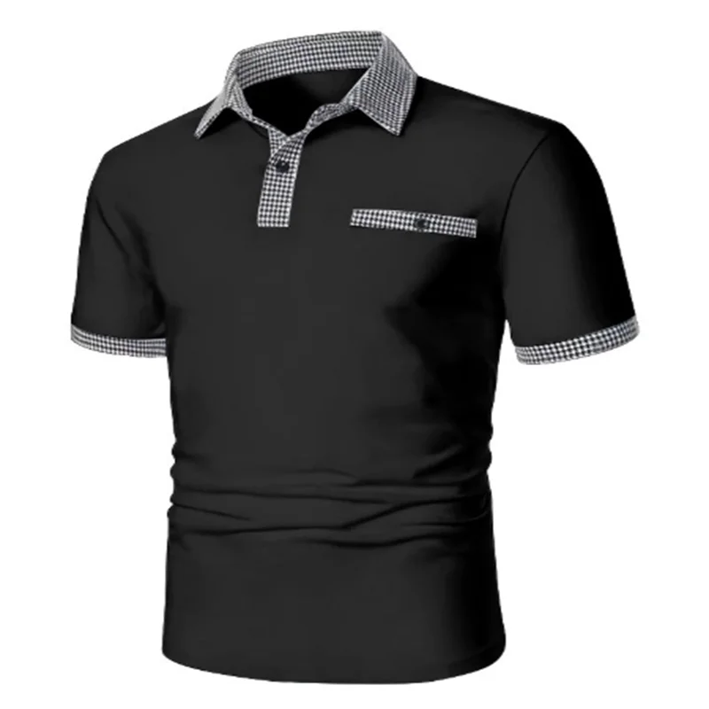 

New men's short-sleeved plaid color matching button pocket T-shirt Polo shirt Fashion casual breathable color changing shirt