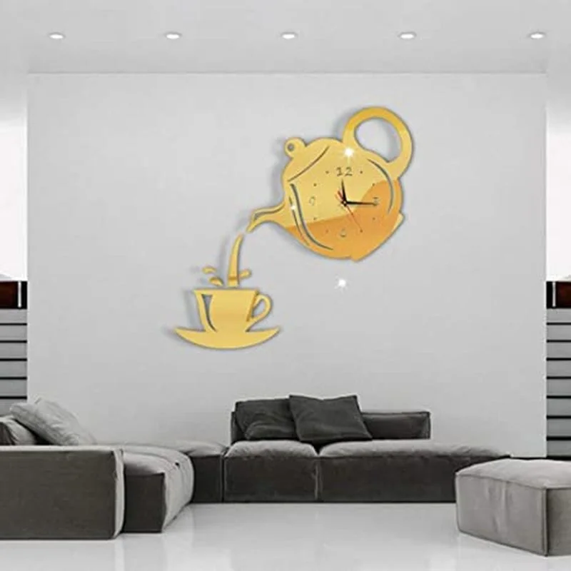 

3D Wall Clock Decoration DIY Acrylic Coffee Cup Teapot Wall Clock Office Home Kitchen Dining Room Decoration Home Decoration