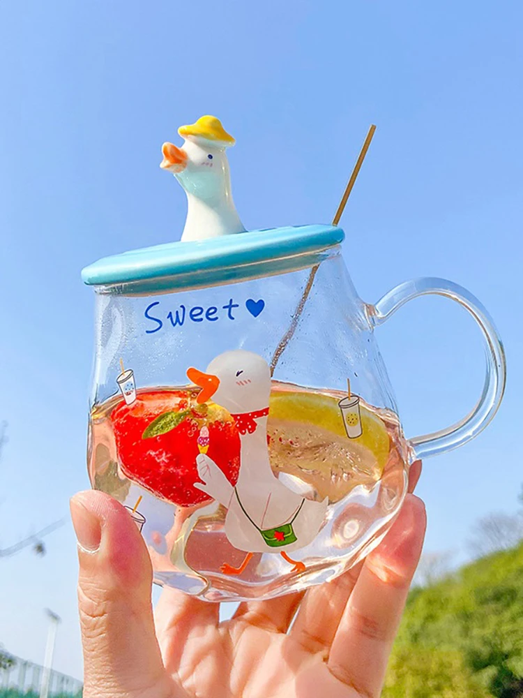 

Cute Glass Mugs with Handle Coffee Milk Tea Breakfast Cups Home Office Drinkware Cartoon Kawaii Mugs Couple Birthday Gifts