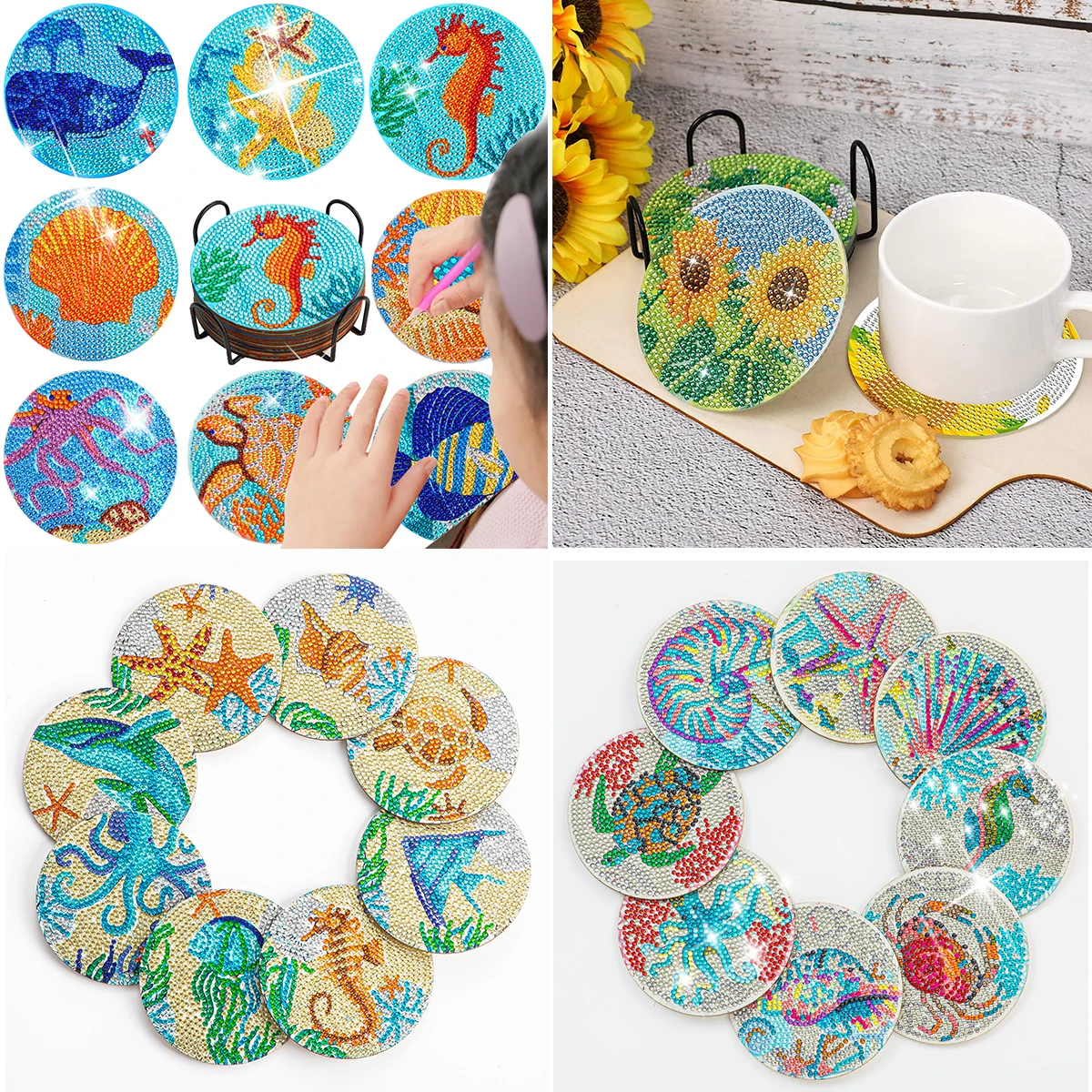 

8PCS Diamond Painting Coaster Set Ocean Series Rhinestones Embroidery Coaster Wooden Table Placemat with Rack for Home Decor