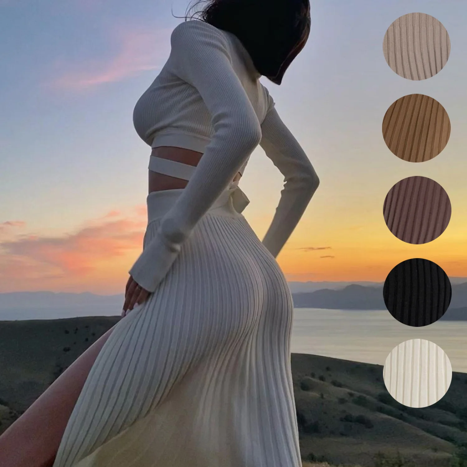 

Elegance Pleated Skirts Outfit Sexy Split Dress Suits New Winter Knitted Sweater Long Skirts Two Piece Set Women Chic Crop Top