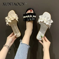 summer womens sandals 2022 fashion designer elegant outdoor slippers with low shoes for women pearl trend leisure mules shoe
