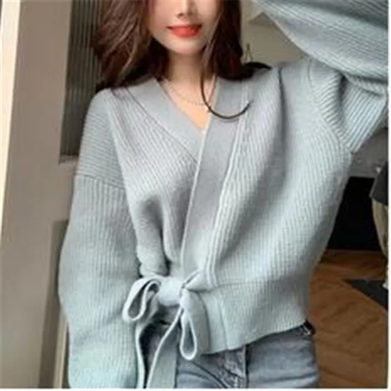 

Lace-up Long Sleeve Cardigans Women Tender Lazy Korean Style Ins Chic Knitted Sweaters Autumn Fashion Young College Girls Soft
