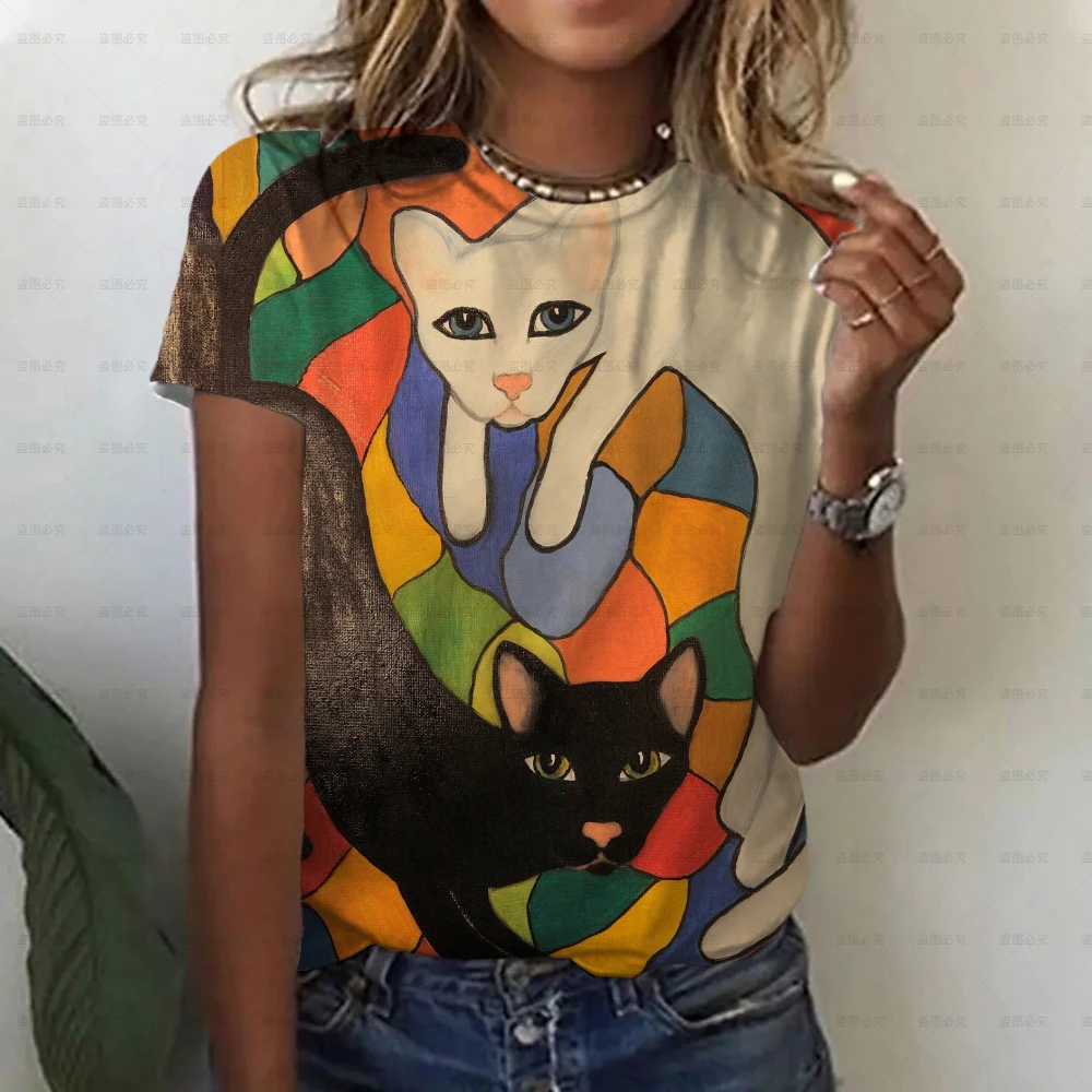

New Y2k Clothing T-shirt Women's Summer Women's V-neck Cartoon Cat Pattern Clothing Street Shopping Comfortable And Breathable