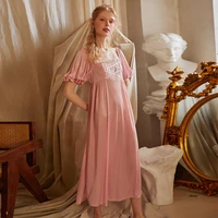romantic pink satin night dress women girl summer sexy lace nighty long peignoir victorian vintage nightgowns princess sleepwear