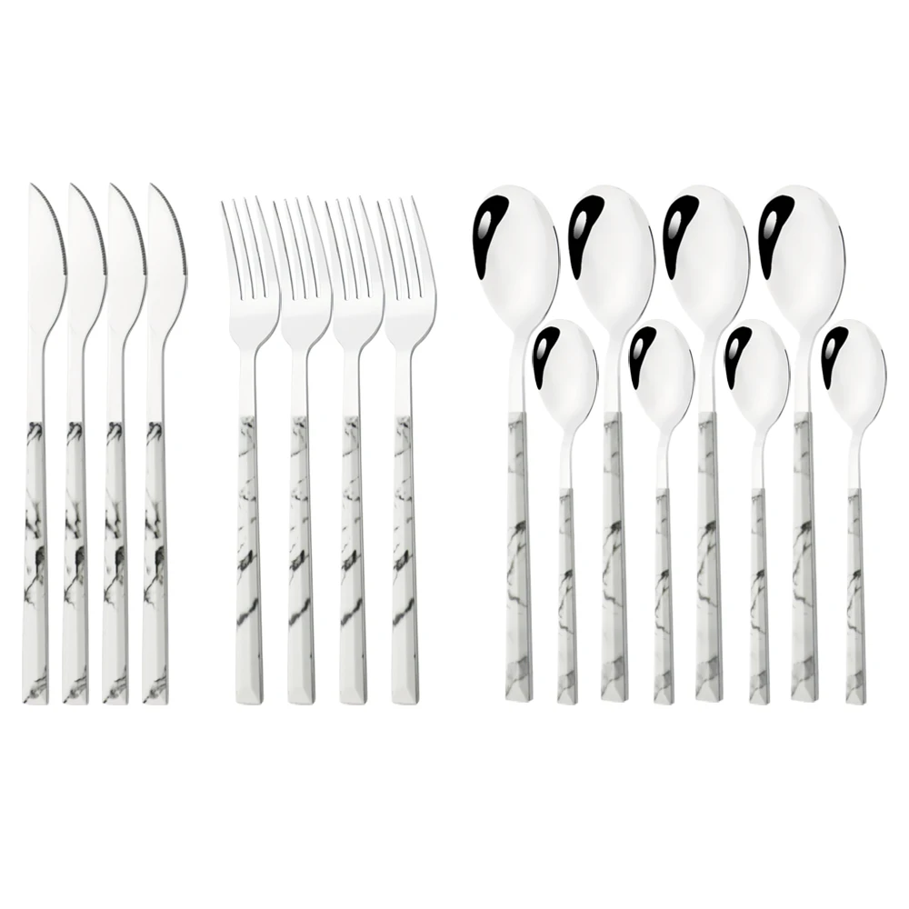 

16Pcs White Silver Wood Handle Dinnerware Stainless Steel Tableware Set Steak Knife Fork Dessert Spoons Cutlery Kitchen Flatware