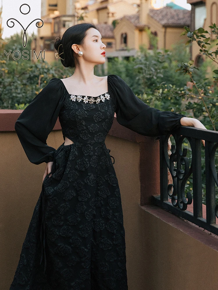 

YOSIMI Black Long Women Dress 2022 Summer Jacquard Square Collar Fit and Flare Mid-calf Evening Party Long Sleeve Women Dress