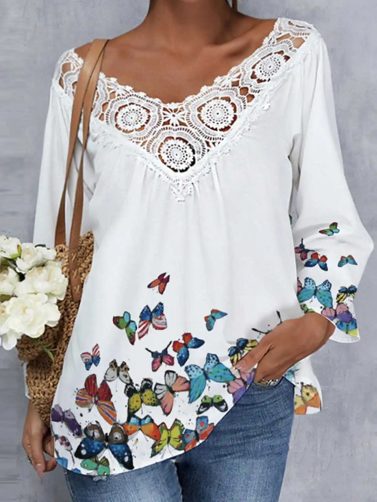 

Celmia Casual V Neck Tops Women Butterfly Print Blouses 2022 Summer Fashion Patchwork Lace Long Sleeve Shirt Elegant Loose Tunic