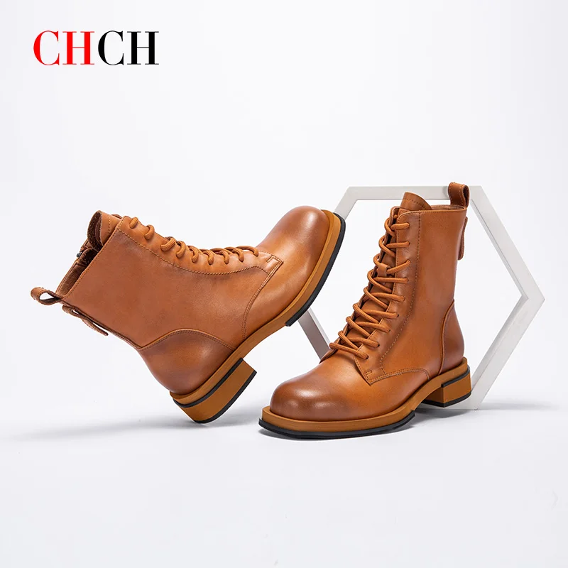 

CHCH Short Boots Shoes for Ladies Sheepskin Genuine Leather 2023 British Style Block Heeled Platform Martin Boots Women's