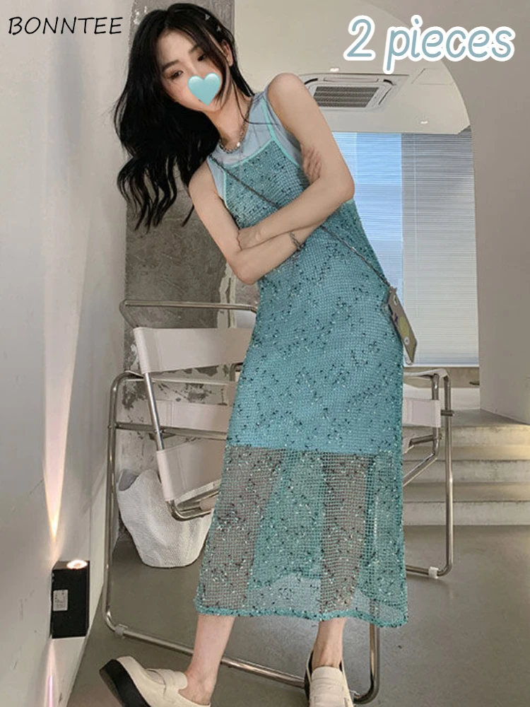 

Sleeveless Dresses Sets Women 2pcs Casual Personality Summer Breathable Slim Chic Hollow Out Simple Design Ulzzang Ladies Midi
