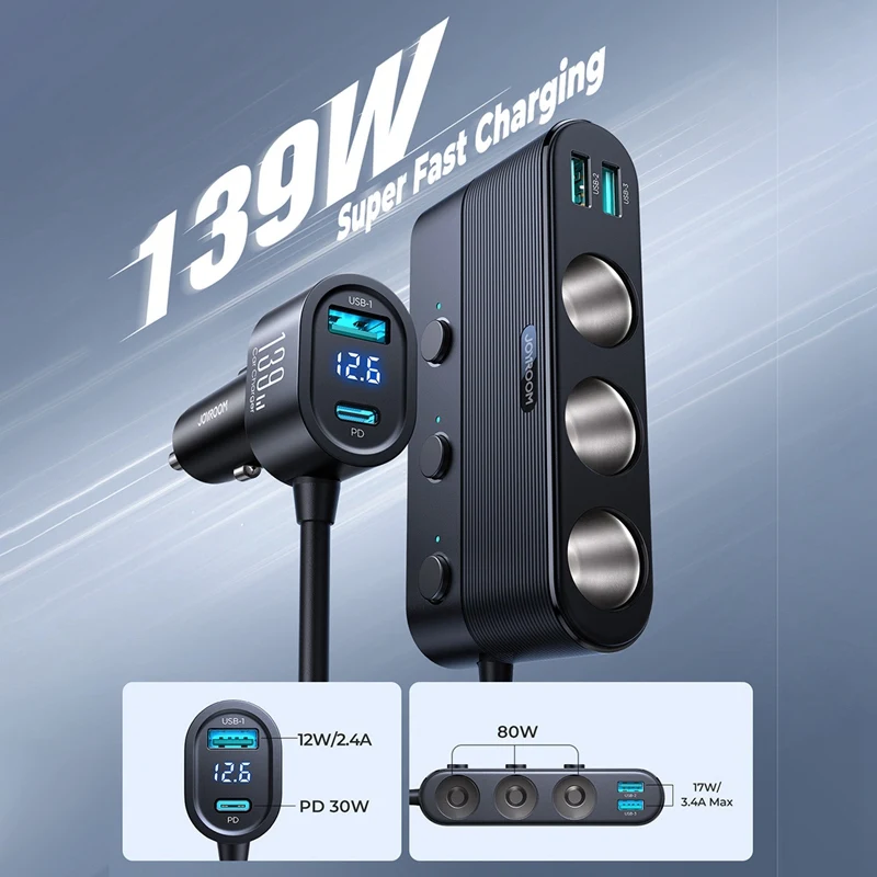 Адаптер зарядного устройства Joyroom 139 Вт 7 в 1 автомобильного Быстрая розетка PD QC3.0