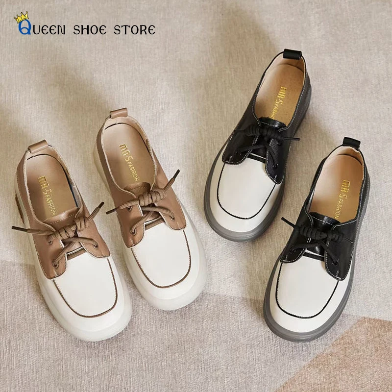 Soft Bottom Flat Shoes Women's 2022 New British Style Color Matching Front Lace Small Leather Shoes Non-slip Wear-resistant