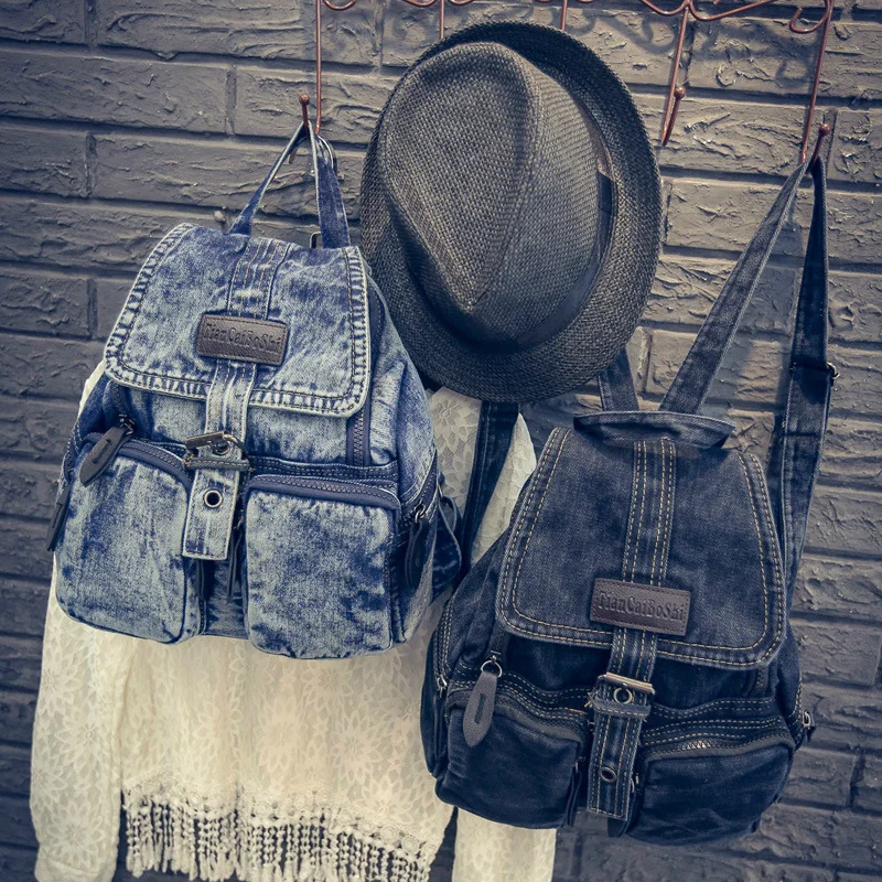 

Women Washed Retro Student School Bag Denim Backpack