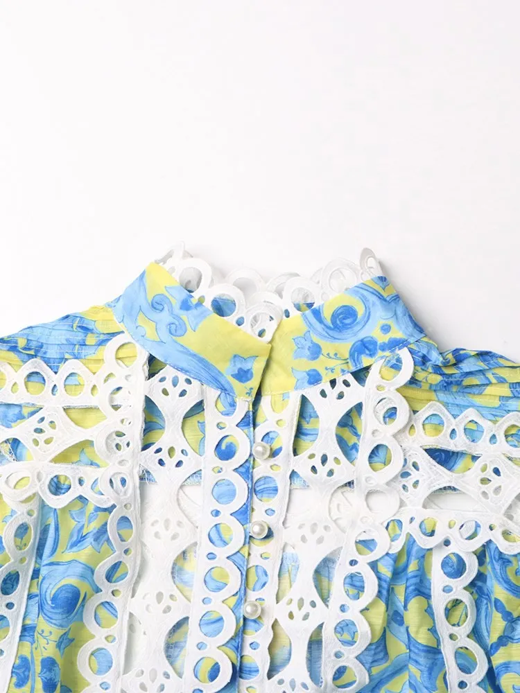 Женское ажурное мини-платье TWOTWINSTYLE белое с отложным воротником длинными