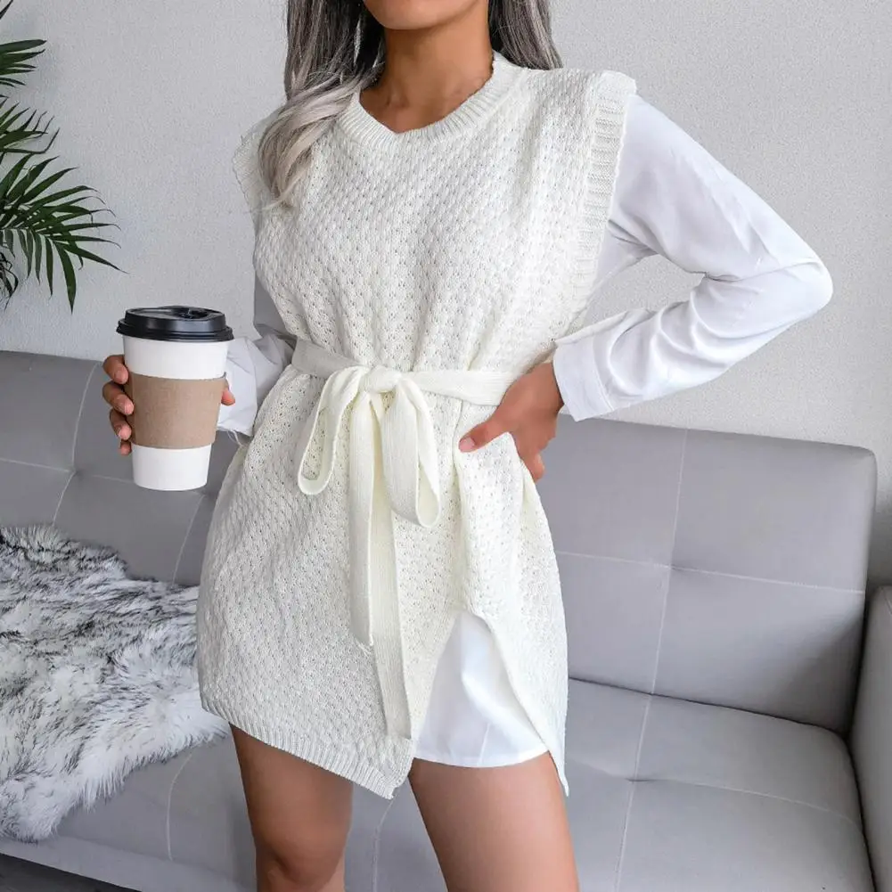 

Dropshipping!! Ladies Vest Dress Solid Color Split Lace-up Loose Knitting Dress for Daily Wear