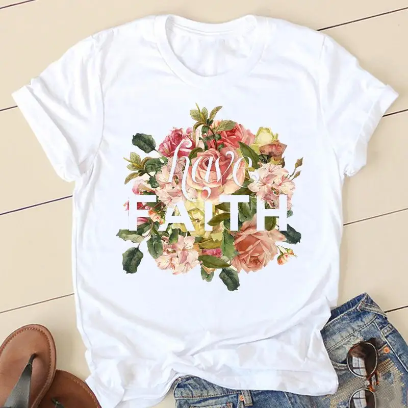 

Flower Faith Letter Sweet Clothes Casual Fashion T Women Short Sleeve Tshirt Top Female Tee Shirt Lady Summer Graphic T-shirts