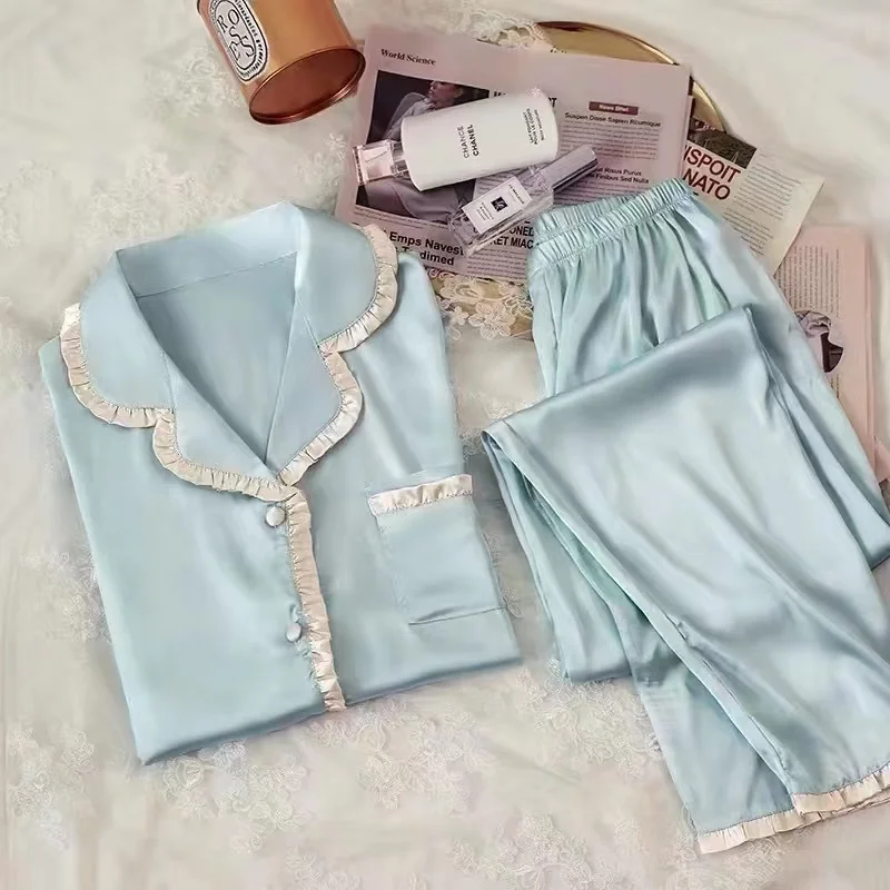 

Pajamas For Women Long Sleeve Silk Pyjamas Lace Stitching 2PCS Set pijama mujer Comfortable pijamas feminino Korean Sweet 5XL
