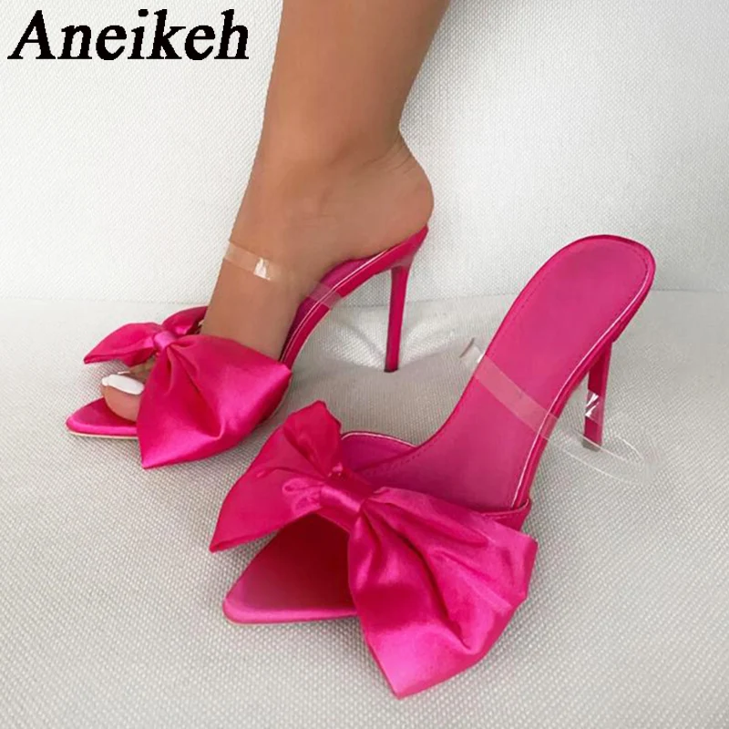 

Aneikeh 2024 NEW Summer Silk Butterfly-Knot Mule High Heels Women's Pumps 2023 Sexy Pointed Toe Slingbacks Ladies Party Shoes