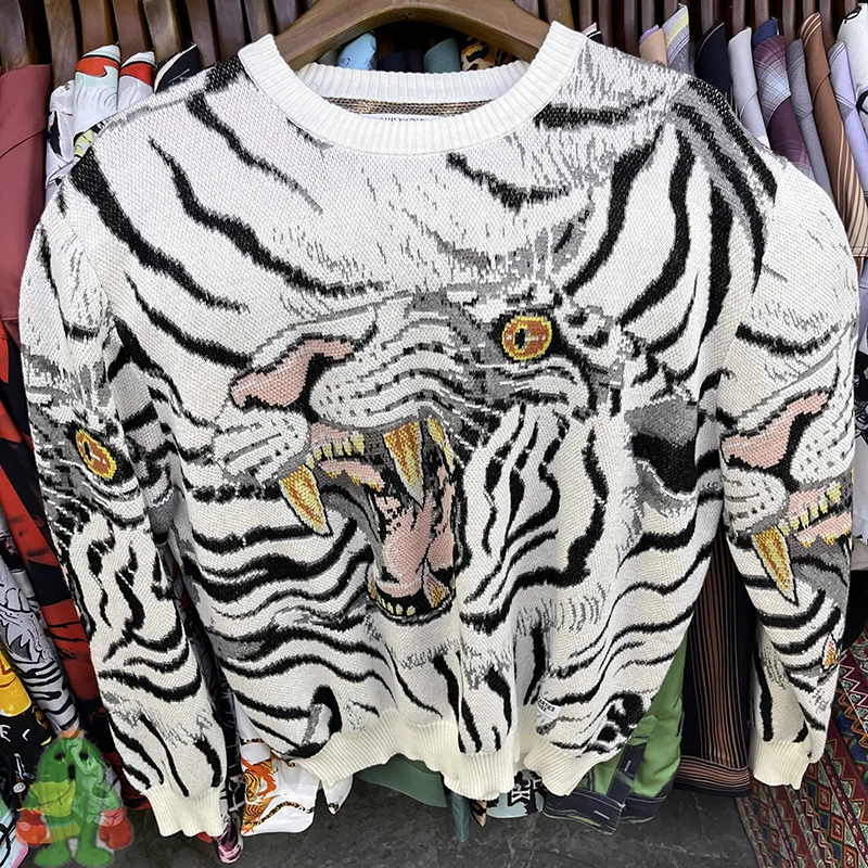 WACKO Sweater High Street Men Women Clothes Full Printed Tiger Round Neck Pullover Oversized Knitted Sweatshirts