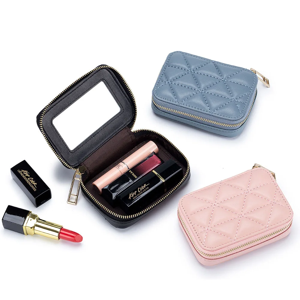 

New Fashion Women Genuine Leather Cosmetic Bag Plaid Small Travel Makeup Bags Woman Portable Make Up Storage Bag Organizer Box