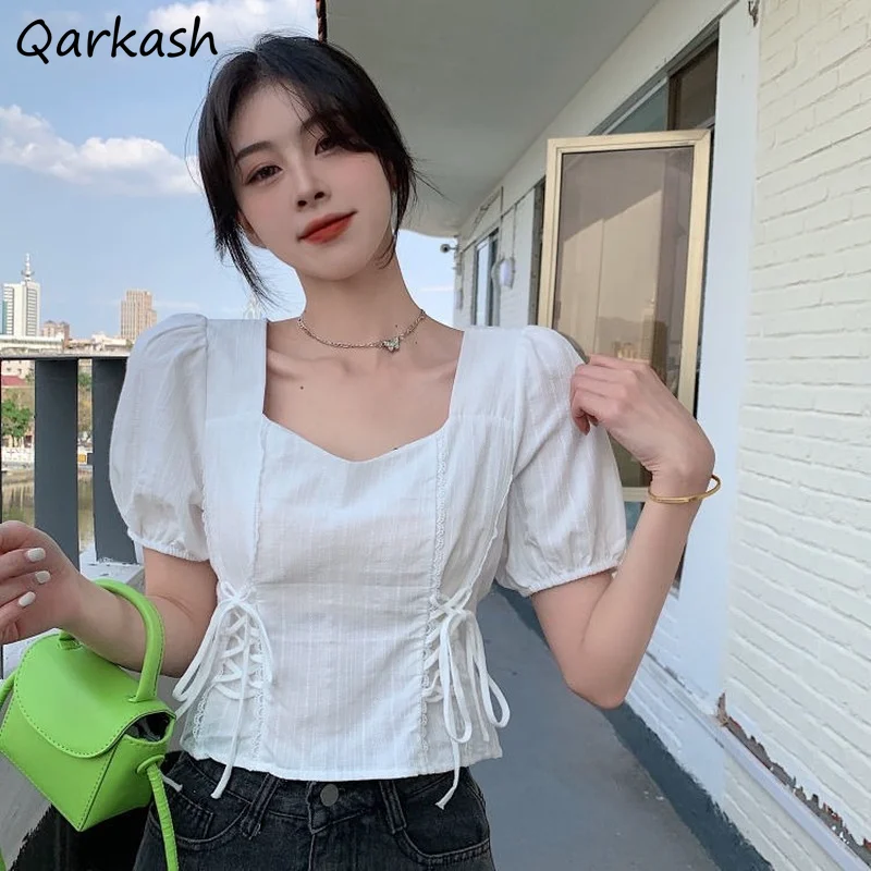 

Blouses Women Bandage Puff Sleeve Basic Design Топ Женский Gentle Летние Leisure Solid Sweet Kawaii Stylish Ulzzang Ins Simple