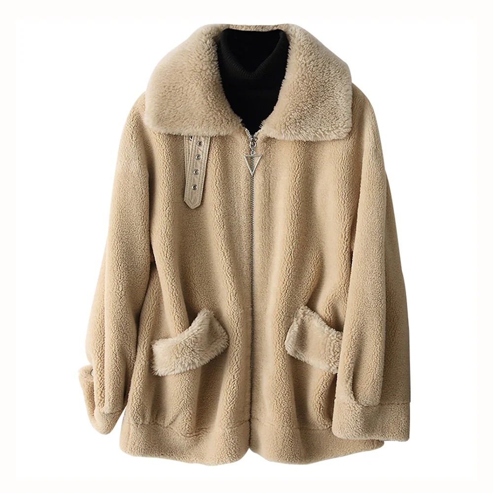 New Women Grained Australian Lamb Wool Coat Autumn Winter Casual Fashion Double-faced Fur Loose Sheep Shearling Jacket Female