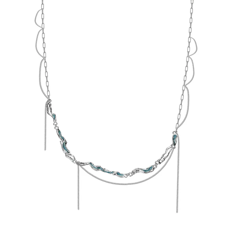 

Real 925 Sterling Silver Necklace, mint Blue Chain tassel collarbone Chain,S925 sterling Silver Texture Multilayer necklace.