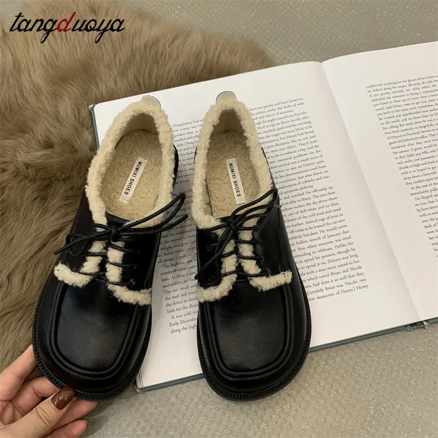 

Oxfords Women's Cotton shoes Ladies Solid Shoes Female Round Toe Comfortable Footwear Lolita Shoes Winter loafers boots flats
