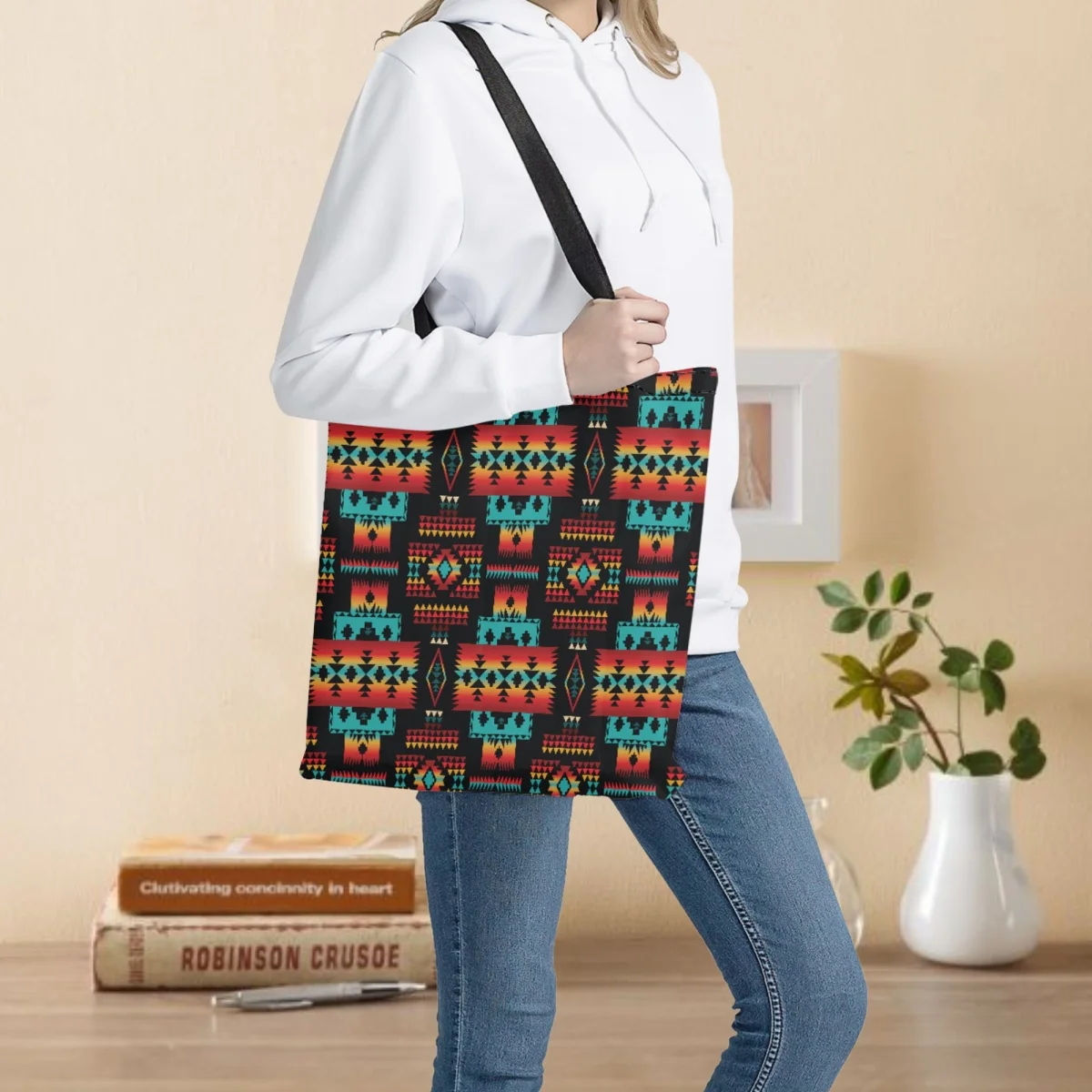 

American Tribal Culture Design Women's Totes Large Capacity Shoulder Handbags for Female Storage Shopping Bag Portable Schoolbag