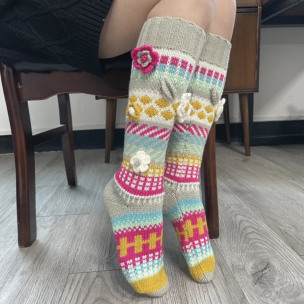 ins style new autumn and winter color long women's socks warm adult color matching crochet wool socks