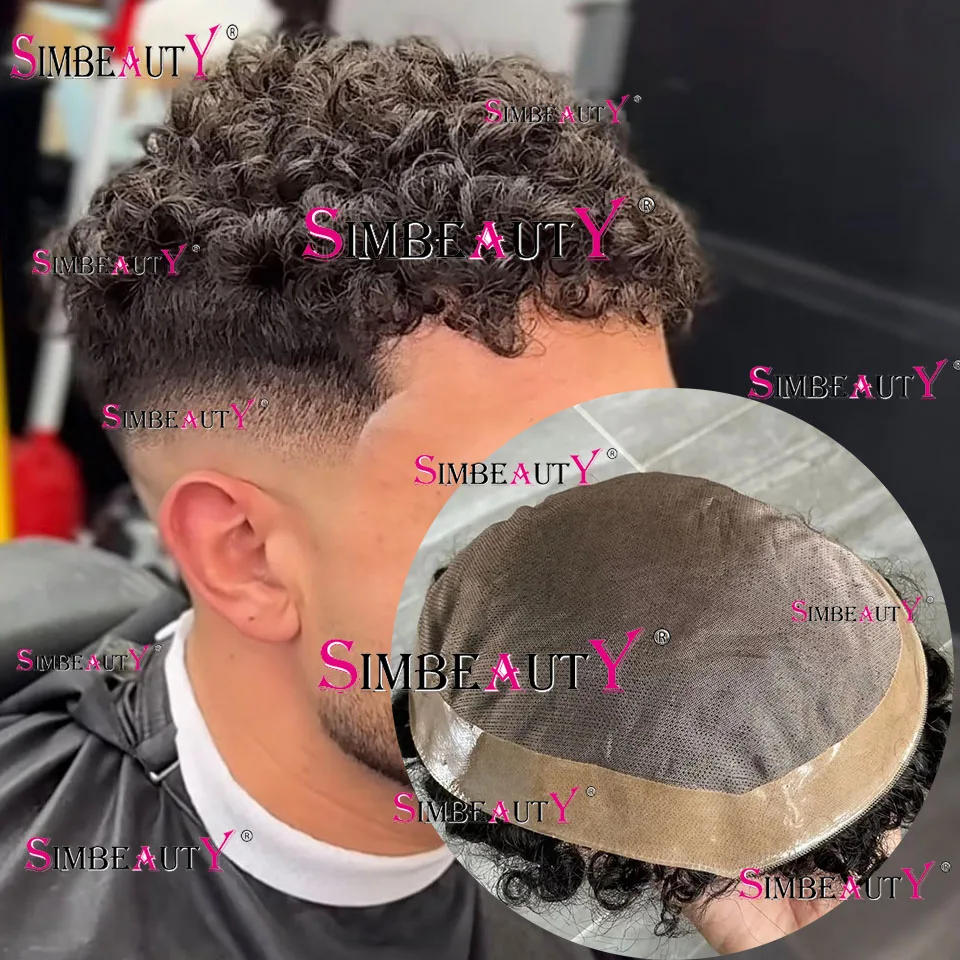 20mm 10mm Deep Curly Brown Blonde Black Mens Wig 100% Human Hair Invisible Skin Pu &amp Mono Lace Male Toupee Replacement Prosthesi