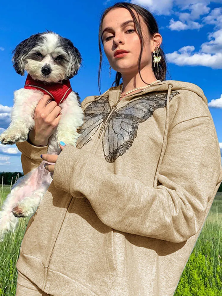 Модные женские худи с рисунком бабочки на молнии уличная одежда в стиле E-girl 90-х