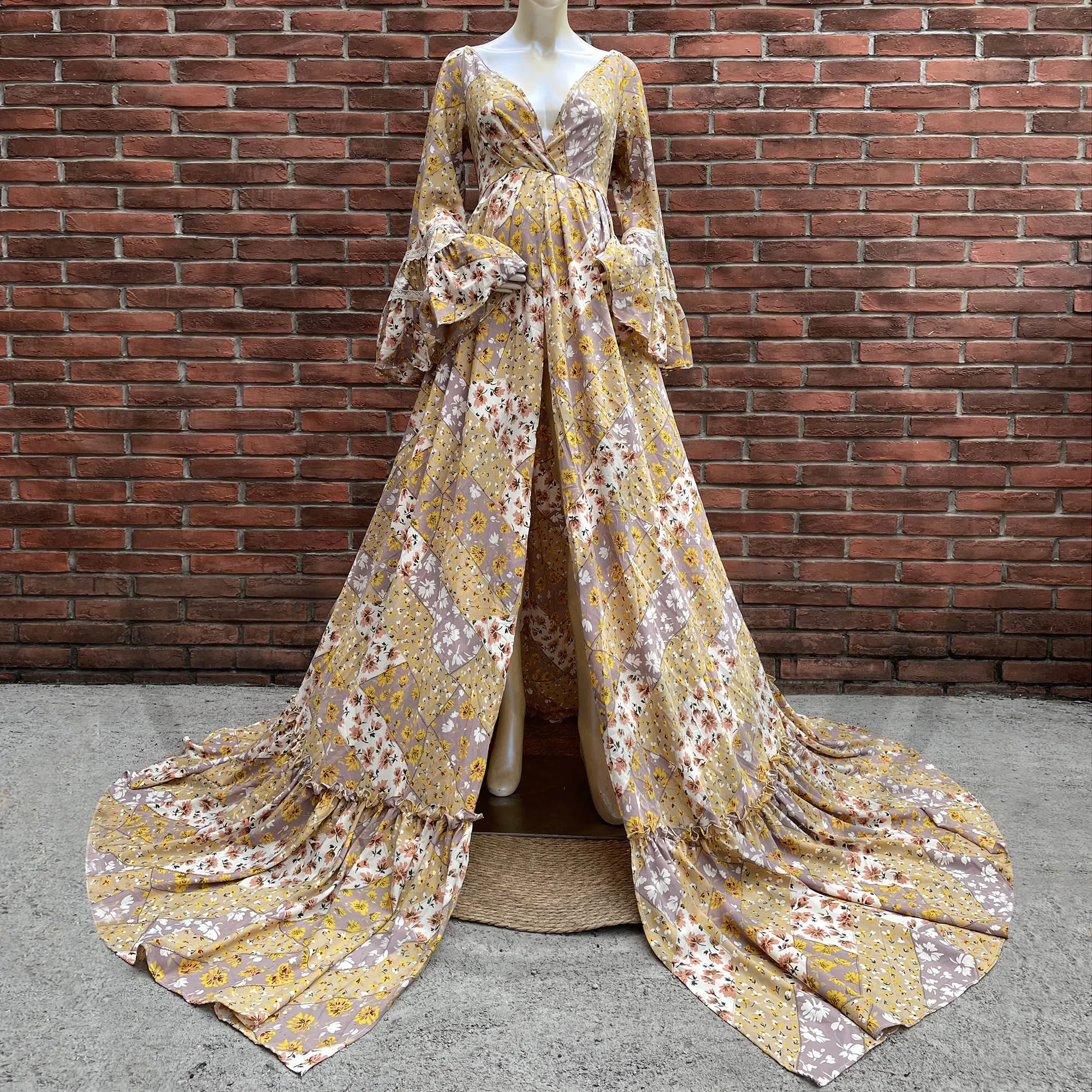 Don&Judy Flared Sleeves Floral Maternity Dresses Photography Clothes Photo Shoot Maxi Gown Pregnant Women Robe Baby Shower Gift