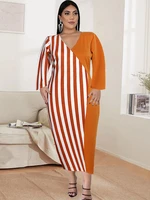 midi dresses women plus size three quarter sleeves khaki striped bodycon office lady dinner party high waist vintage dress 2022