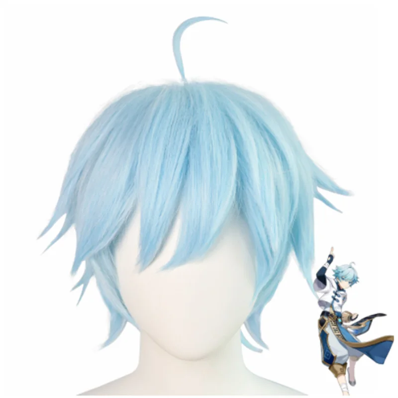 Купи Anime Genshin Impact Kinsen Cosplay Light Blue Hair Short Curly Hair Blue Wig за 1,380 рублей в магазине AliExpress